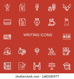 Editable 22 writing icons for web and mobile. Set of writing included icons line Papers, Contract, Feather, Writing tool, Agreement, Pencil case, Pen, Write on red background
