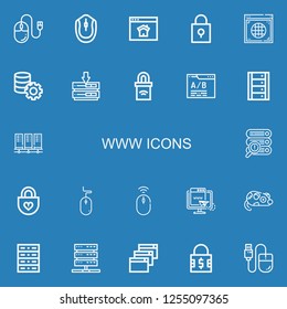 Editable 22 www icons for web and mobile. Set of www included icons line Mouse, Homepage, Padlock, Internet, Server, Web site, Servers, Web, Website on blue background