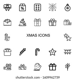 Editable 22 xmas icons for web and mobile. Set of xmas included icons line Bow, Offer, Cracker, Fireworks, Bauble, Greeting card, Pudding, Gift, Stars, Candy cane on white background