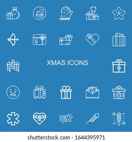 Editable 22 xmas icons for web and mobile. Set of xmas included icons line Gifts, Surprised, Mitten, Star, Bow, Gift card, Gift box, Gift, Fireworks, Greeting card on blue background
