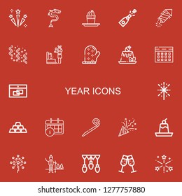 Editable 22 year icons for web and mobile. Set of year included icons line Celebration, Dragon, Pudding, Champagne, Petard, Confetti, Fountain, Mitten, Calendar on red background