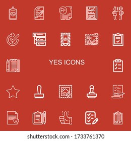 Editable 22 yes icons for web and mobile. Set of yes included icons line Clipboard, Test, Exam, Check in, Check, Tasks, Stamp, List, Checklist, Favourite, Done on red background
