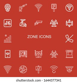 Editable 22 zone icons for web and mobile. Set of zone included icons line Parking meter, Parking, Hotspot, Parking sign, Wifi, Cctv, Biohazard, Signal, No calls on red background