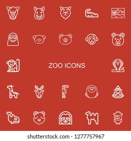 Editable 22 zoo icons for web and mobile. Set of zoo included icons line Rhino, Boar, Wolf, Crocodile, Savannah, Sloth, Koala, Bear, Monkey, Snake, Giraffe, Deer on red background