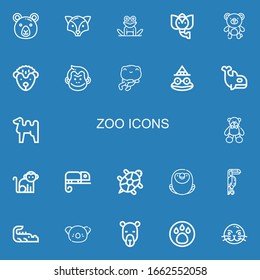 Editable 22 zoo icons for web and mobile. Set of zoo included icons line Bear, Fox, Frog, Elephant, Hedgehog, Monkey, Toad, Orca, Camel, Chameleon, Tortoise on blue background