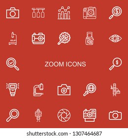 Editable 22 zoom icons for web and mobile. Set of zoom included icons line Camera, Glass, Analysis, Magnifying glass, Microscope, Crank arm, Photo camera, Vision on red background