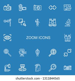 Editable 22 zoom icons for web and mobile. Set of zoom included icons line Photo camera, Camera, Resize, Search, Binoculars, Exclude, Detective, Microscope on blue background