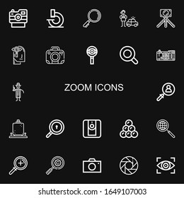 Editable 22 zoom icons for web and mobile. Set of zoom included icons line Camera, Microscope, Search, Detective, Photo camera, Observation, Magnifying glass on black background