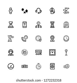 Editable 25 24 icons for web and mobile. Set of 24 included icons line Time, Manual, Timer, Digital clock, Clock, Clocks, Deadline, Customer service, Support on white background
