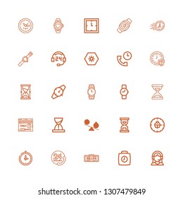 Editable 25 24 icons for web and mobile. Set of 24 included icons line Customer support, Clock, Digital clock, Customer service, Hourglass, Time, Support, Wristwatch on white background