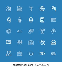 Editable 25 academic icons for web and mobile. Set of academic included icons line Graduation cap, Diploma, Mortarboard, Graduate, Cap, Graduated, Students on blue background