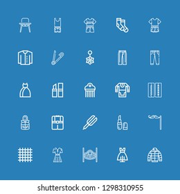 Editable 25 accessories icons for web and mobile. Set of accessories included icons line Jacket, Dress, Saloon, Fashion, Cloth, Mustache, Lipstick, Hair straightener on blue background