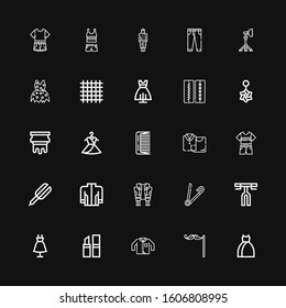 Editable 25 accessories icons for web and mobile. Set of accessories included icons line Dress, Mustache, Clothing, Lipstick, Fashion, Handlebar, Safety pin on black background