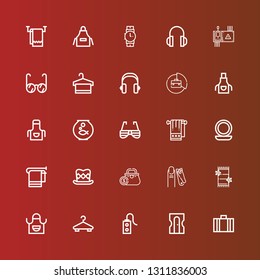 Editable 25 accessory icons for web and mobile. Set of accessory included icons line Suitcase, Sharpener, Controller, Hanger, Apron, Towel, Nail clippers, Purse, Top hat on red