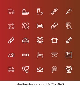 Editable 25 accident icons for web and mobile. Set of accident included icons line Belt, Hose, Accident, Insurance, Ambulance, Tsunami, Stretcher, Gurney, Seat belt, Patch on red
