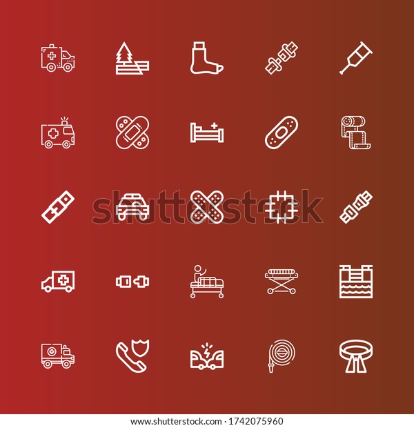Editable 25\
accident icons for web and mobile. Set of accident included icons\
line Belt, Hose, Accident, Insurance, Ambulance, Tsunami,\
Stretcher, Gurney, Seat belt, Patch on\
red