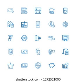Editable 25 account icons for web and mobile. Set of account included icons line ID, Piggy bank, Dollar, Yuan, Atm, Bill, Cash, Cards, Bank, Login, Currency on white background