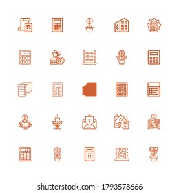 Editable 25 accounting icons for web and mobile. Set of accounting included icons line Growth, Abacus, Calculator, Calculate, Invoice, Tax office, Bill on white background