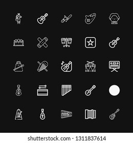 Editable 25 acoustic icons for web and mobile. Set of acoustic included icons line Guitar, Accordion, Xylophone, Metronome, Mandolin, Flute, Drum, Acoustic guitar on black background