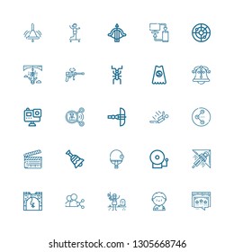 Editable 25 action icons for web and mobile. Set of action included icons line Influencer, Soccer player, Paintball, Share, Bungee jumping, Hang gliding, Alarm bell on white background