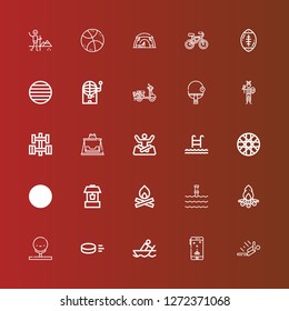 Editable 25 activity icons for web and mobile. Set of activity included icons line Skydiving, Game, Rowing, Puck, Golf, Bonfire, Underwater, Well, Swing, Spoke wheel, Swim on red