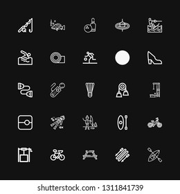 Editable 25 activity icons for web and mobile. Set of activity included icons line Kayak, Skii, Picnic table, Bike, Well, Bicycle, Ice fishing, Scuba diving on black background