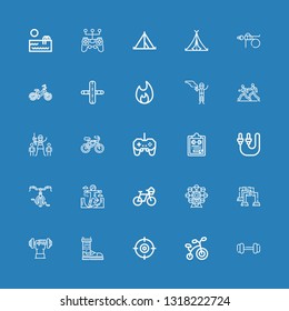 Editable 25 activity icons for web and mobile. Set of activity included icons line Dumbbell, Bicycle, Shooter, Shoe, Pushup, Ferris wheel, Skateboard, Skip rope on blue background