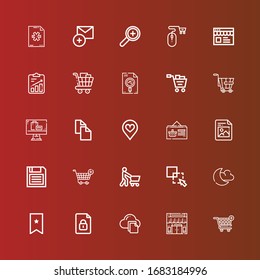 Editable 25 add icons for web and mobile. Set of add included icons line Shopping cart, Online shop, File, Bookmark, Night mode, Exclude, Shopping, Diskette, Favorite, Copy on red