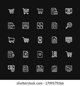 Editable 25 add icons for web and mobile. Set of add included icons line Online shopping, File, Diskette, Add button, Shopping cart, Trolley, New file, Online shop on black background