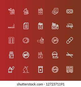 Editable 25 addiction icons for web and mobile. Set of addiction included icons line Pills, No smoking, Painkiller, Smoke, Lighter, No smoke, Pill, Smoking, Contraceptive pills on red
