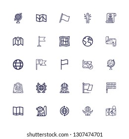 Editable 25 africa icons for web and mobile. Set of africa included icons line Map, World, Monkey, Flag, Sphinx, Global, Globe, Earth, Pacifism, Voodoo on white background