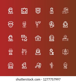 Editable 25 agent icons for web and mobile. Set of agent included icons line Call center, Detective, Hacker, Operator, Mafia, Receptionist, Real estate, Mortgage, Customer service on red