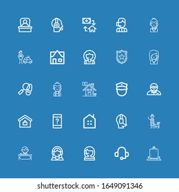 Editable 25 iconos de agente para web y móvil. Conjunto de agentes incluidos íconos línea Detective, Cabecera, Centro de llamadas, Soporte al cliente, Recepcionista, Operador, Inmobiliario en fondo azul