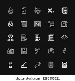 Editable 25 agreement icons for web and mobile. Set of agreement included icons line Stamp, List, Hand, Signature, Crossing, Smoke bomb, Greeting, Clipboard on black background