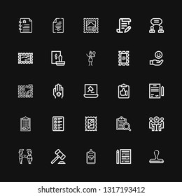 Editable 25 agreement icons for web and mobile. Set of agreement included icons line Stamp, Sheet, Clipboard, Auction, Handshake, Meeting, Test, Contract, Hand on black background