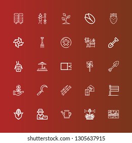 Editable 25 agriculture icons for web and mobile. Set of agriculture included icons line Farm, Sprinkler, Watering can, Farmer, Corn, Holland, Greenhouse, Spike, Sickle on red