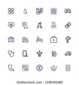 Editable 25 aid icons for web and mobile. Set of aid included icons line Antibiotic, Blood donation, Pharmacy, Bandage, Stethoscope, Ambulance, Charity, Caduceus on white background