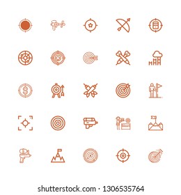 Editable 25 aim icons for web and mobile. Set of aim included icons line Dartboard, Shooter, Radar, Goal, Water gun, Focus, Goals, Target, Darts, Archery on white background