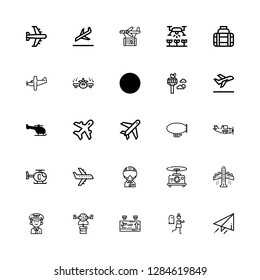 Editable 25 aircraft icons for web and mobile. Set of aircraft included icons line Send, Terror, Departure, Drone, Pilot, Aeroplane, Military, Airplane, Helicopter on white background