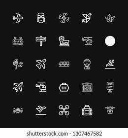 Editable 25 aircraft icons for web and mobile. Set of aircraft included icons line Drone, Transport, Take off, Airplane, Flight information, Hangar, Carrier on black background