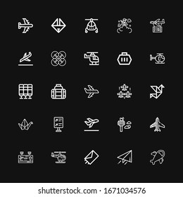 Editable 25 aircraft icons for web and mobile. Set of aircraft included icons line Airplane, Send, Helicopter, Departure, Planes, Control tower, Take off, Flight information on black background