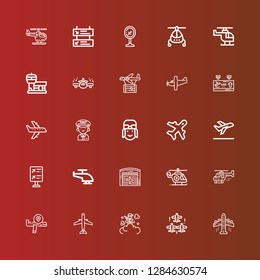 Editable 25 airline icons for web and mobile. Set of airline included icons line Aeroplane, Aircraft, Smoke bomb, Airplane, Helicopter, Hangar, Flight information, Take off on red