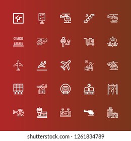 Editable 25 airport icons for web and mobile. Set of airport included icons line Travel, Helicopter, Departure, Airport, Metal detector, Waiting room, Railway, Plane, Seat on red