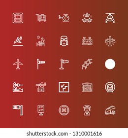 Editable 25 airport icons for web and mobile. Set of airport included icons line Stair truck, Pilot, Helipad, Flight information, Wind sign, Railway, Hangar, Stairs, Plane on red