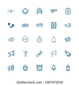 Editable 25 alarm icons for web and mobile. Set of alarm included icons line Bell, Alarm clock, Firefighter, Megaphone, Horn, Toga, Timer, Problem, Time, Hourglass on white background