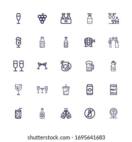 Editable 25 alcohol icons for web and mobile. Set of alcohol included icons line Bar, No liquids, Beer, Soda, Malt, Can, Beverage, Stemware, Drink, Bottle on white background