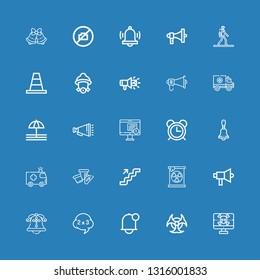 Editable 25 alert icons for web and mobile. Set of alert included icons line Spyware, Biohazard, Notification, Problem, Bell, Megaphone, Radiation, Stairs, Cone on blue background