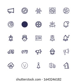 Editable 25 alert icons for web and mobile. Set of alert included icons line Trojan, Ambulance, Bell, Shocked, Security, Megaphone, Firefighter, Snooze, Notification on white background