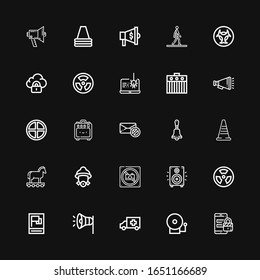 Editable 25 alert icons for web and mobile. Set of alert included icons line Security, Alarm bell, Ambulance, Megaphone, Propaganda, Radioactive, Loudspeaker on black background