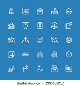 Editable 25 alphabet icons for web and mobile. Set of alphabet included icons line d, Letter, Kindergarten, Crossword, d cube, Yoyo, School, Keyboard, Foreign on blue background